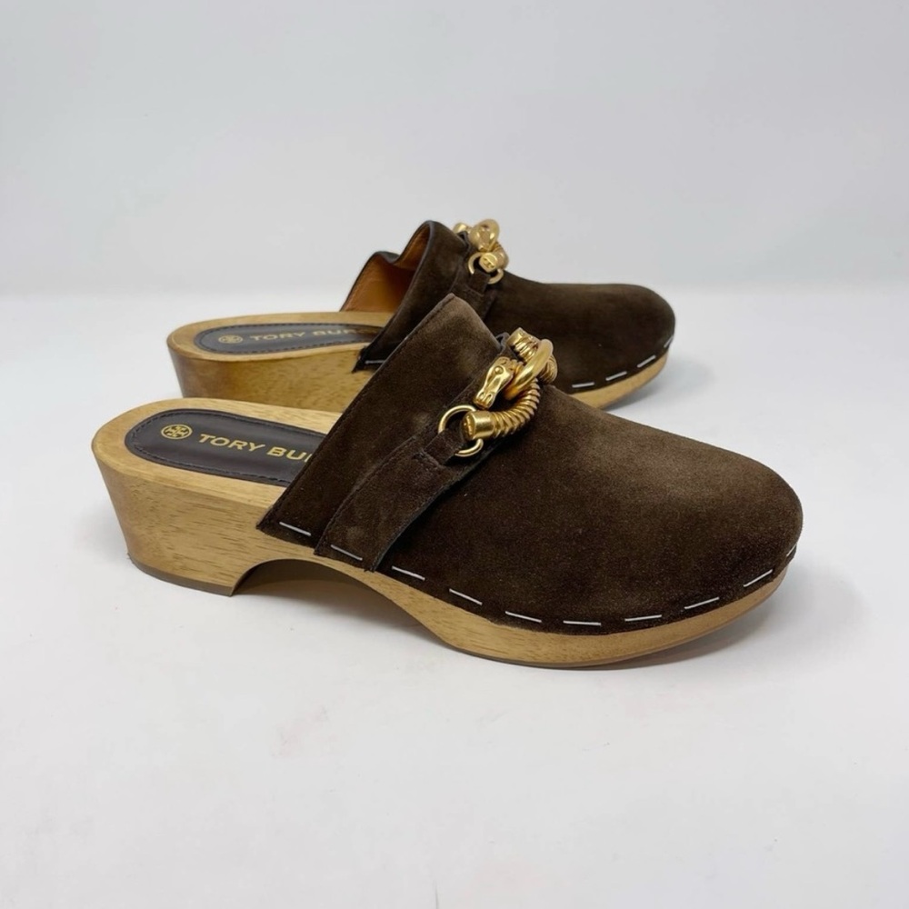 Tory Burch Womens 8 Brown Jessa Suede Horse Bit Clogs Cold Brew Leather Platform